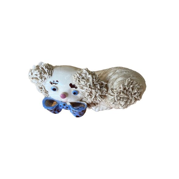 Vintage White Poodle Spaghetti Blue Bow polka dots figurine kitchy - Picture 5 of 7